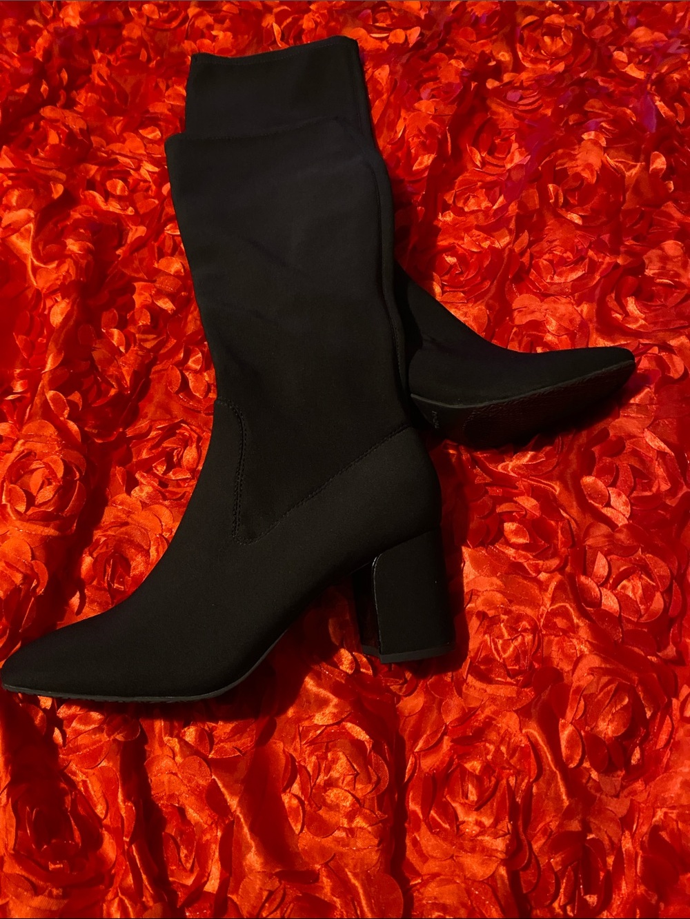 Black Knee High Stretch  Boots with Block Heel